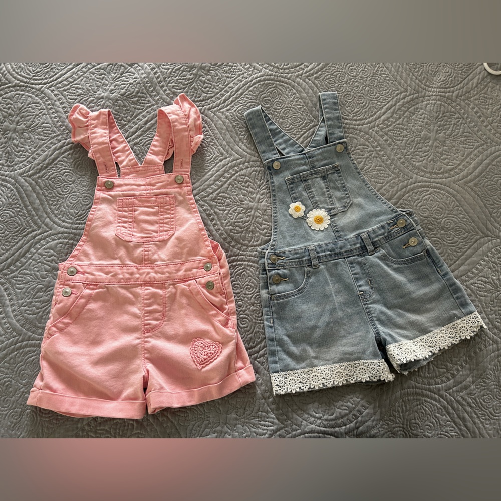 Wonder Nation NWOT set of 2 Denim Shortalls pink crochet flower